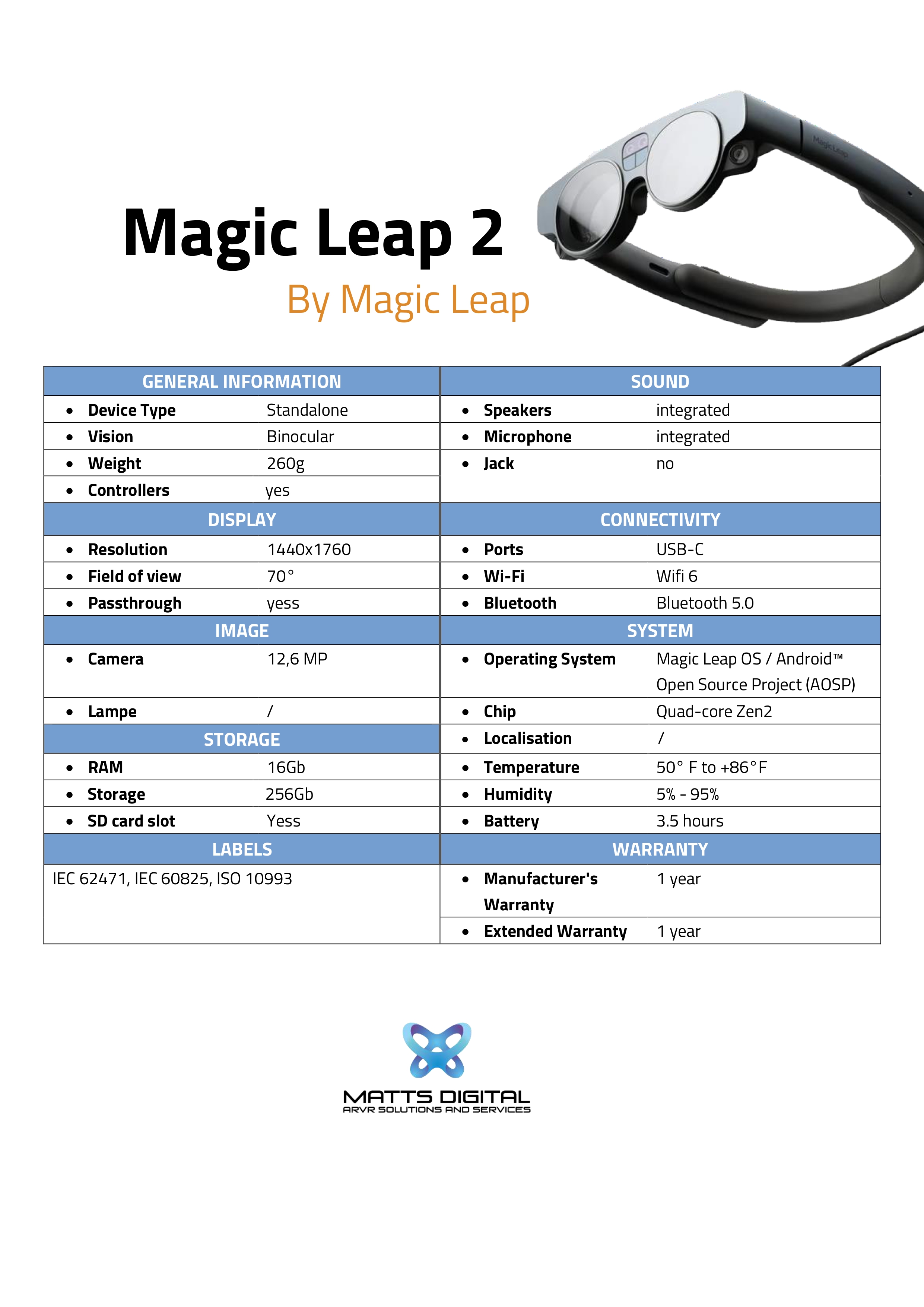 Spec sheet Magic Leap 2